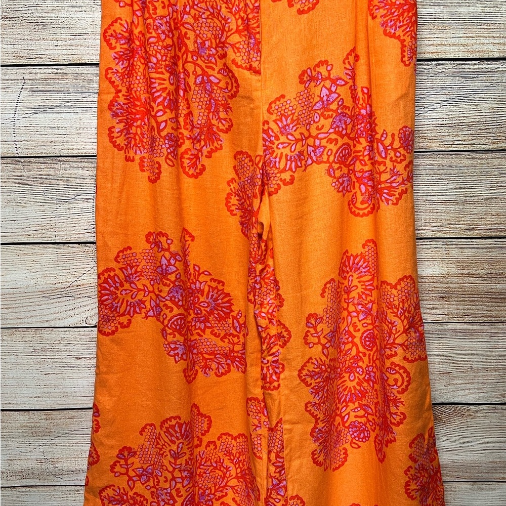 Caroline Constas High Waist Wide Leg Linen Pants Sz XS Orange Purple Floral